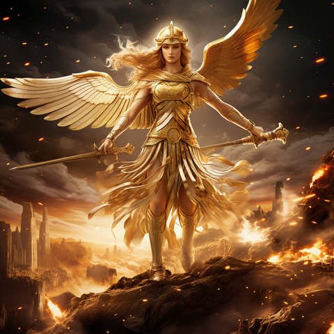 chaosmitt_Visualize_a_majestic_scene_where_Athena_draped_in_gol_93e8cb74-f447-48f8-9c7e-8ca3d1b7c62d