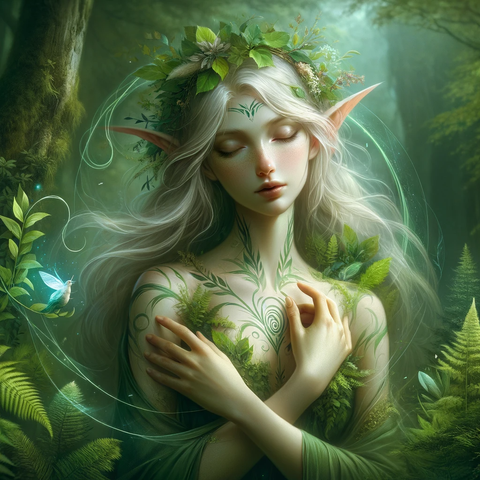 DALL·E 2023-12-07 14.48.46 - A serene and mystical image that captures the essence of a Woodland Elf Spirit Companion from the 'Faylinn Alliance.' The image should feature a grace