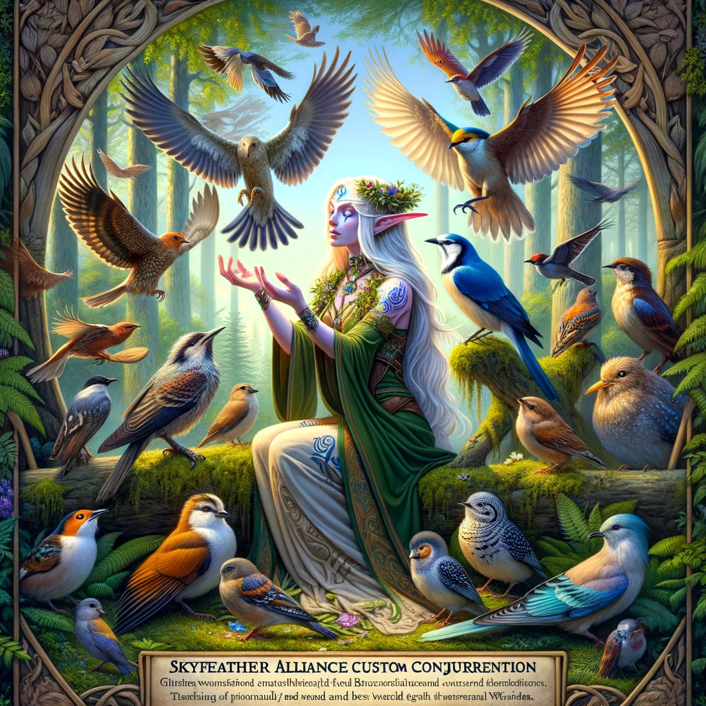 DALL·E 2023-12-07 16.12.28 - A mystical and serene image representing the Skyfeather Alliance Woodland Elf Custom Conjuration Spirit Companion, known as Bird Worshippers. The imag