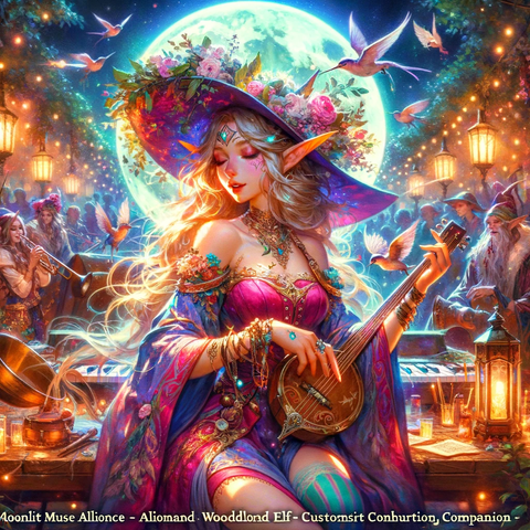 DALL·E 2023-12-07 16.24.56 - A vibrant and enchanting image that embodies the Moonlit Muse Alliance Woodland Elf Custom Conjuration Spirit Companion, known for being Creative & Ro