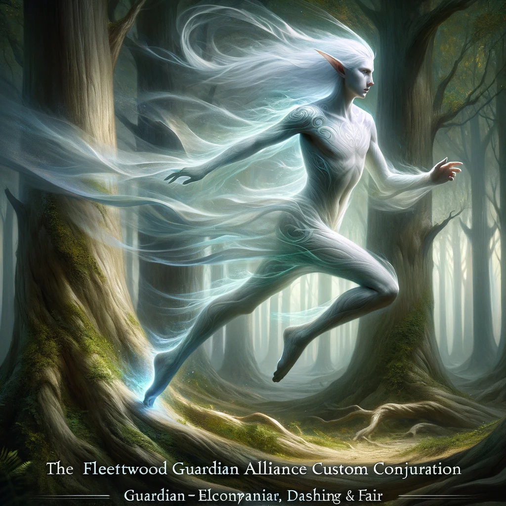 DALL·E 2023-12-07 16.39.33 - An ethereal and dynamic image representing the Fleetwood Guardian Alliance Woodland Elf Custom Conjuration, known for being Guardian, Elemental Compan