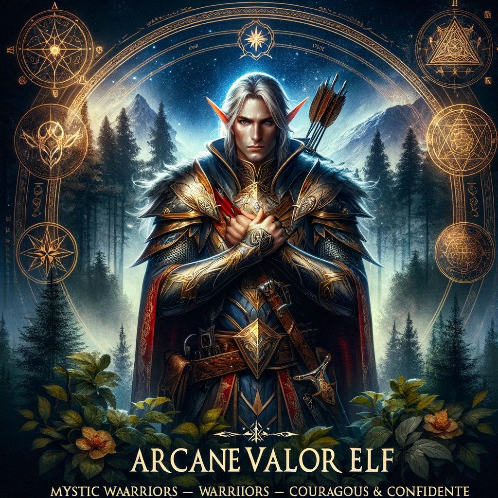 DALL·E 2023-12-07 19.28.23 - A powerful and inspiring image representing the Arcane Valor Elf, known as Mystic Warriors - Courageous & Confident. The image should depict an Arcane