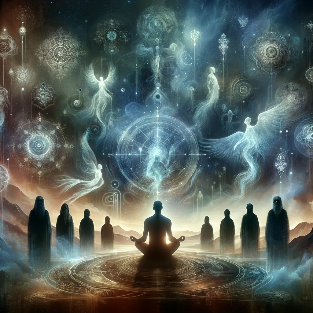 DALL·E 2024-01-04 02.49.30 - A mystical and powerful scene representing the spellbinding 'Ancestral Echoes.' In the center, an individual is immersed in deep meditation, surrounde