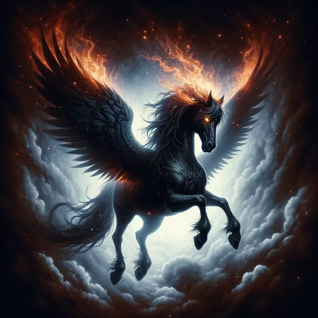 DALL·E 2024-02-28 23.20.22 - Visualize the majestic Dark Pegasus, a mythical creature born from the depths of Hades with wings of fire. Imagine this enigmatic being standing proud