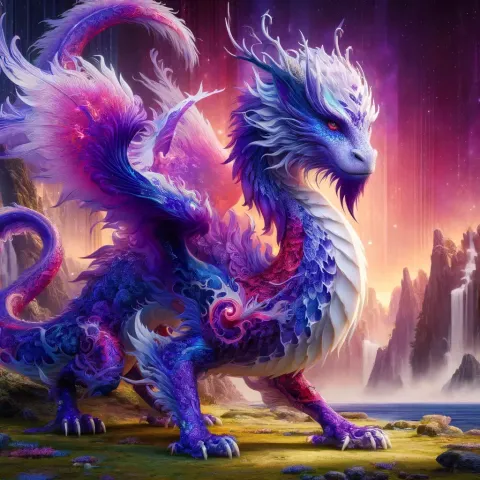 DALL·E 2024-05-24 17.15.48 - A full-body view of a majestic Violet Dragon with a combination of scales in varying color patterns of violet, purple, blue, red, and white. The drago