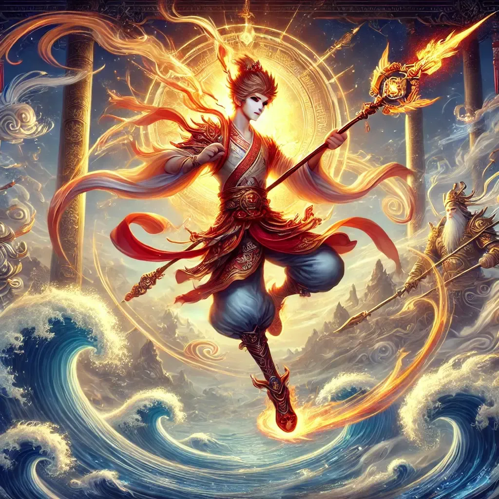 DALL·E 2024-12-19 17.42.30 - A dynamic depiction of Nezha, the mythical Chinese deity. Nezha should appear as a youthful warrior with a radiant, powerful presence, holding a fiery