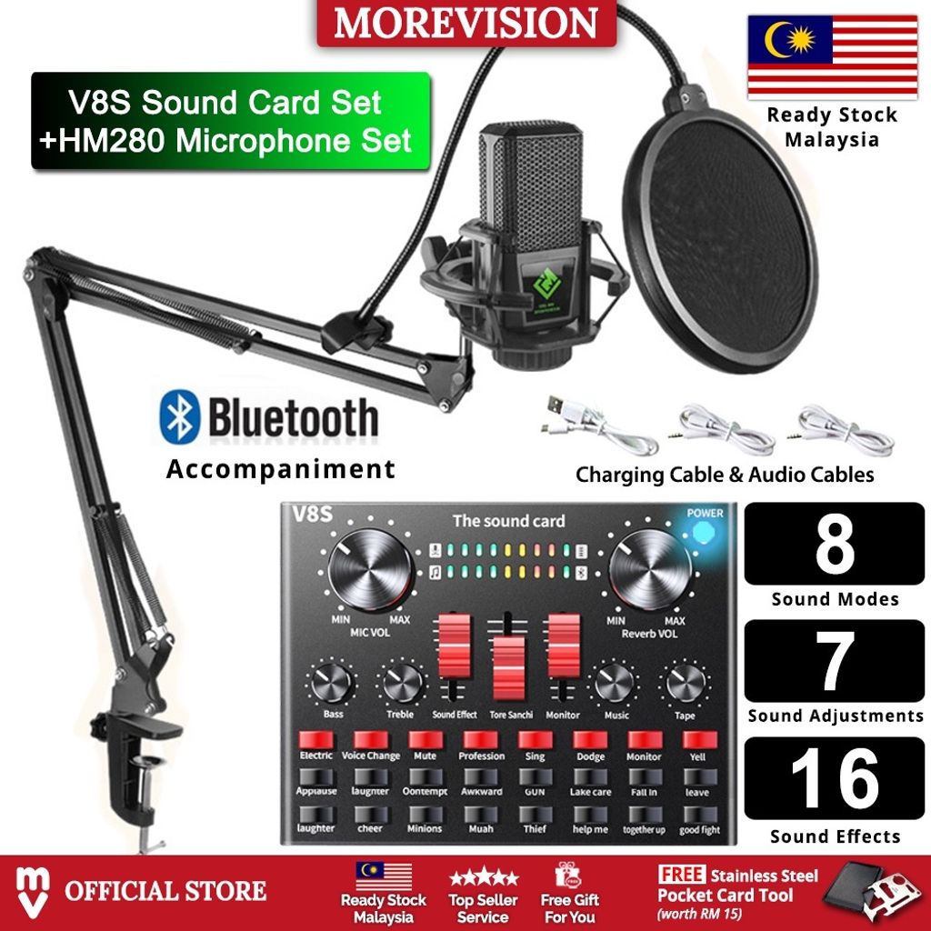 Mic Set Condenser Microphone Live Sound Card V8s HM280 Bluetooth Audio