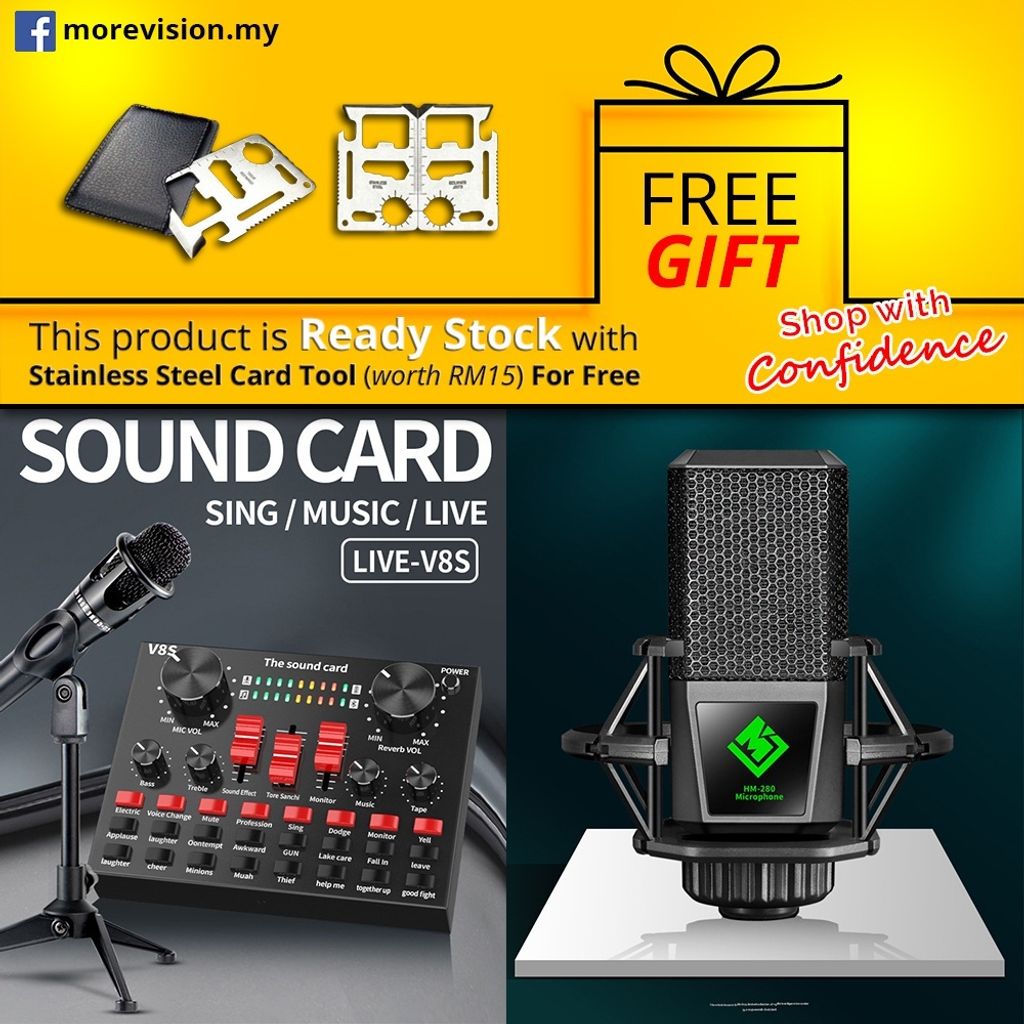 Mic Set Condenser Microphone Live Sound Card V8s HM280 Bluetooth Audio