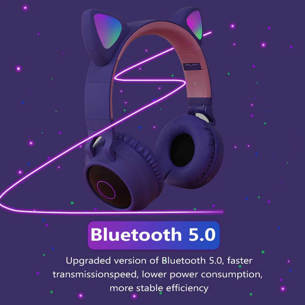 Bluetooth 5.0 LED Light Cat Ears Headset Wireless Earphone Stereo Bass Headphones HIFI TF SD