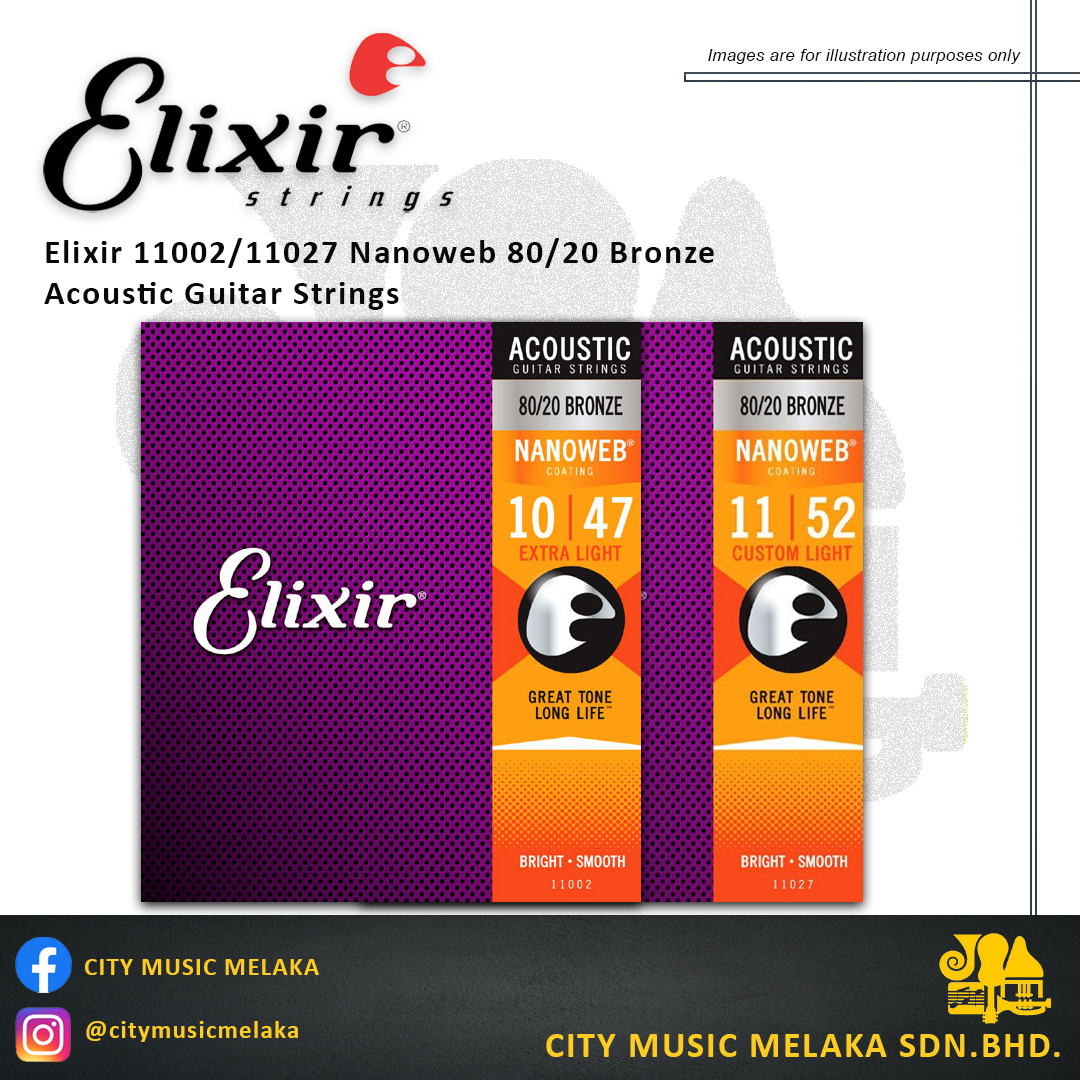 Elixir 11002/11027 Nanoweb 80/20 Bronze Acoustic Guitar Strings – City  Music Melaka