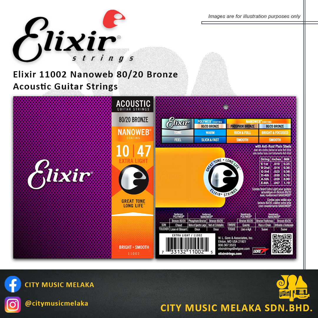 Elixir 11002/11027 Nanoweb 80/20 Bronze Acoustic Guitar Strings – City  Music Melaka