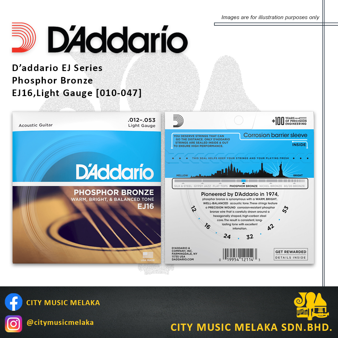 D'Addario EJ16 Phosphor Bronze Acoustic Strings, Light, 12-53 – City Music  Melaka