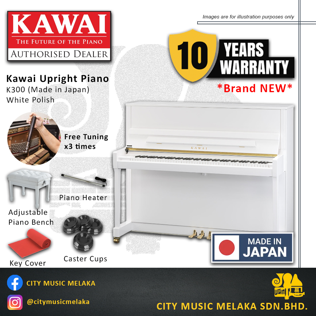 Kawai Upright Piano K300 (Made in Japan) **BRAND NEW** - White Polish  **Free Shipping for West Malaysia** – City Music Melaka