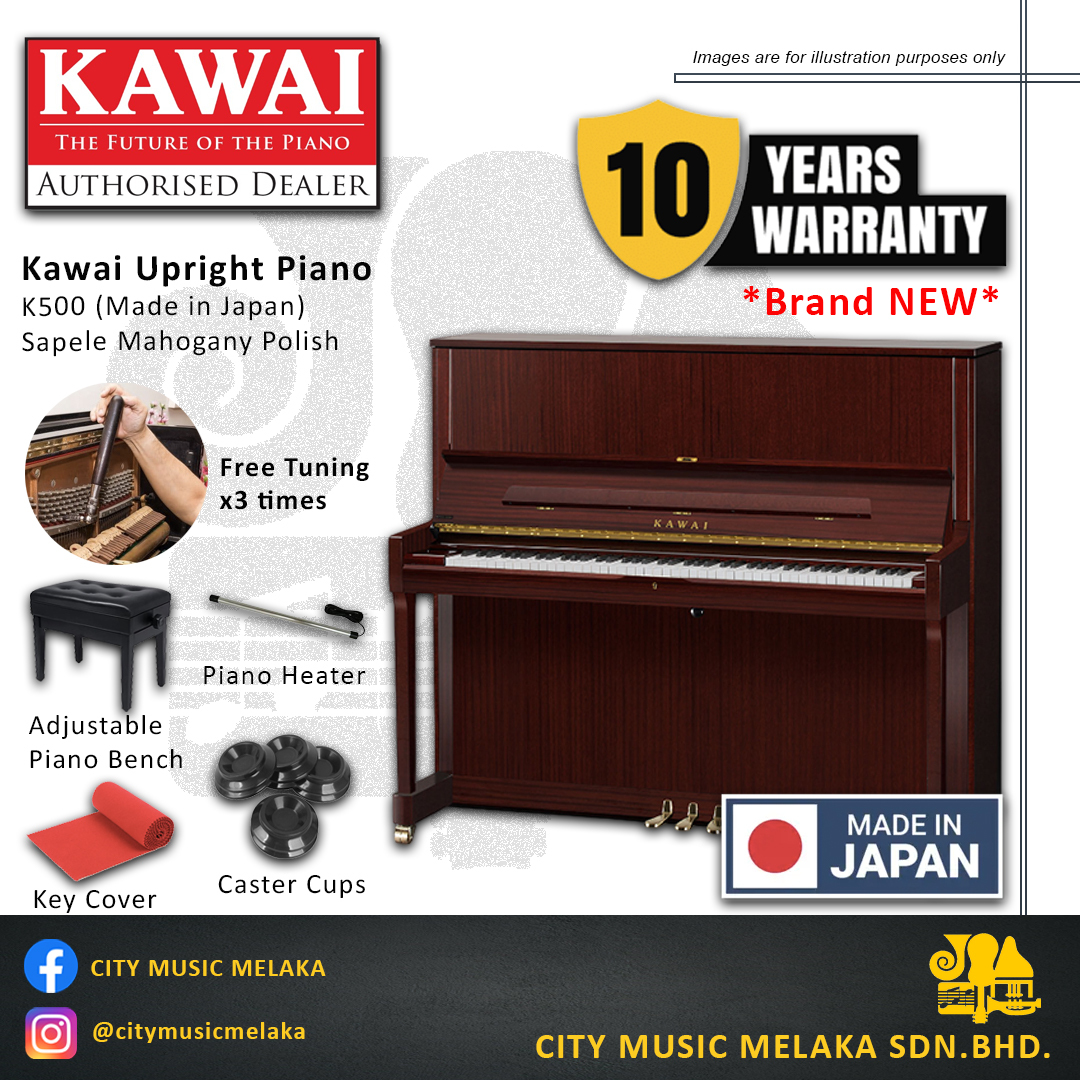 Kawai Upright Piano K500 (Made in Japan) **BRAND NEW** - Sapele Mahogany  Polish **Free Shipping for West Malaysia** – City Music Melaka