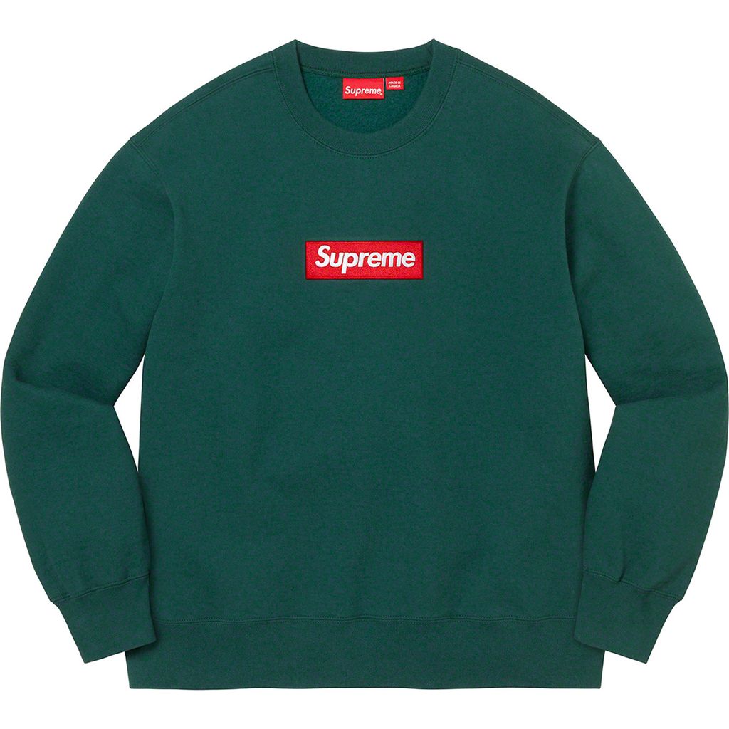 Supreme Box Logo Crewneck (Dark Pine) Heavyweight crossgrain brushed-back  fleece with embroidered logo on chest.