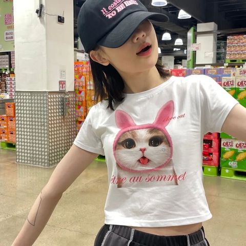 韓國小眾品牌 兔耳貓咪短版上衣(4色)