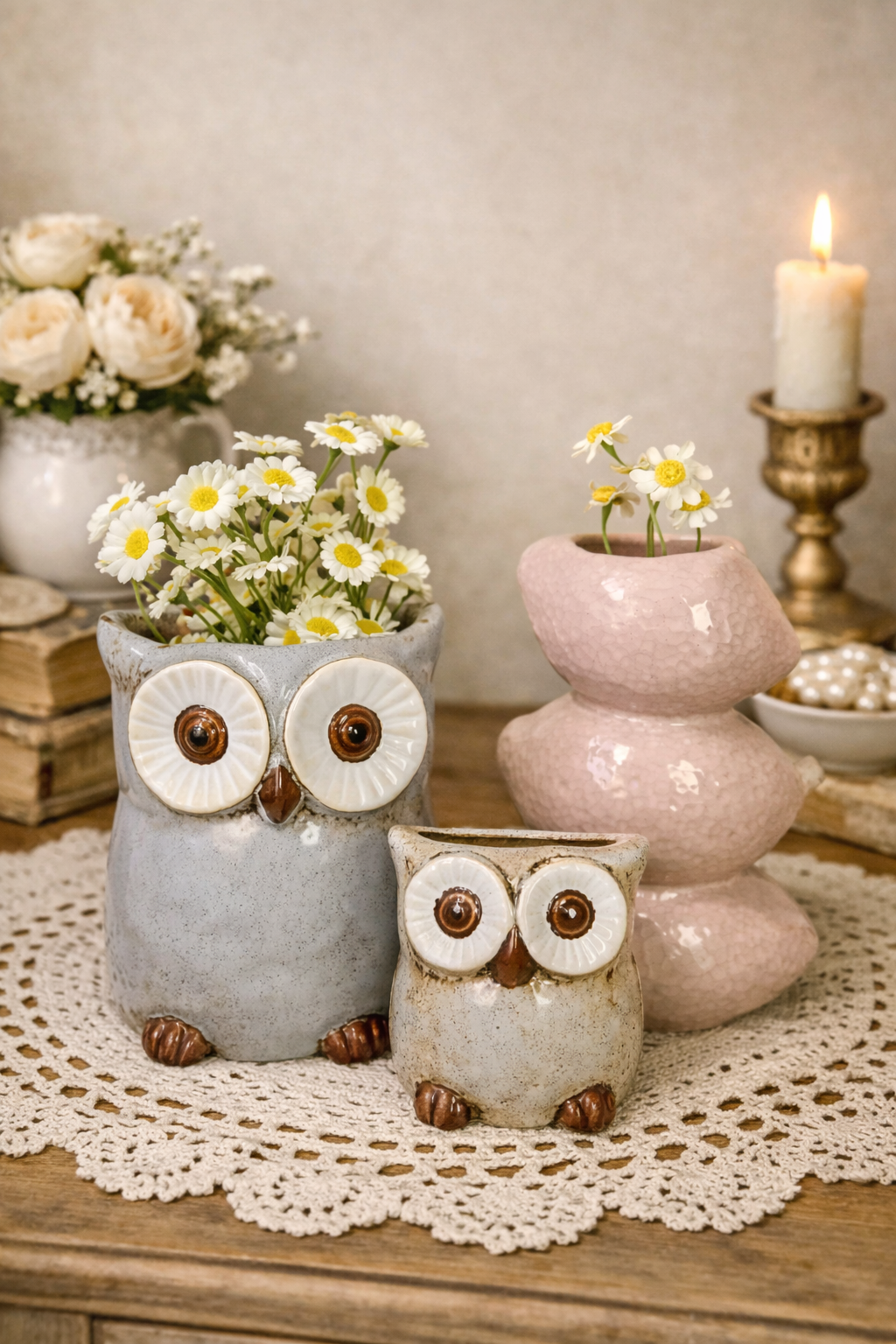 粗陶粉檸檬花瓶/丹麥貓頭鷹花器 丹麥小屋花器 陶瓷貓頭鷹