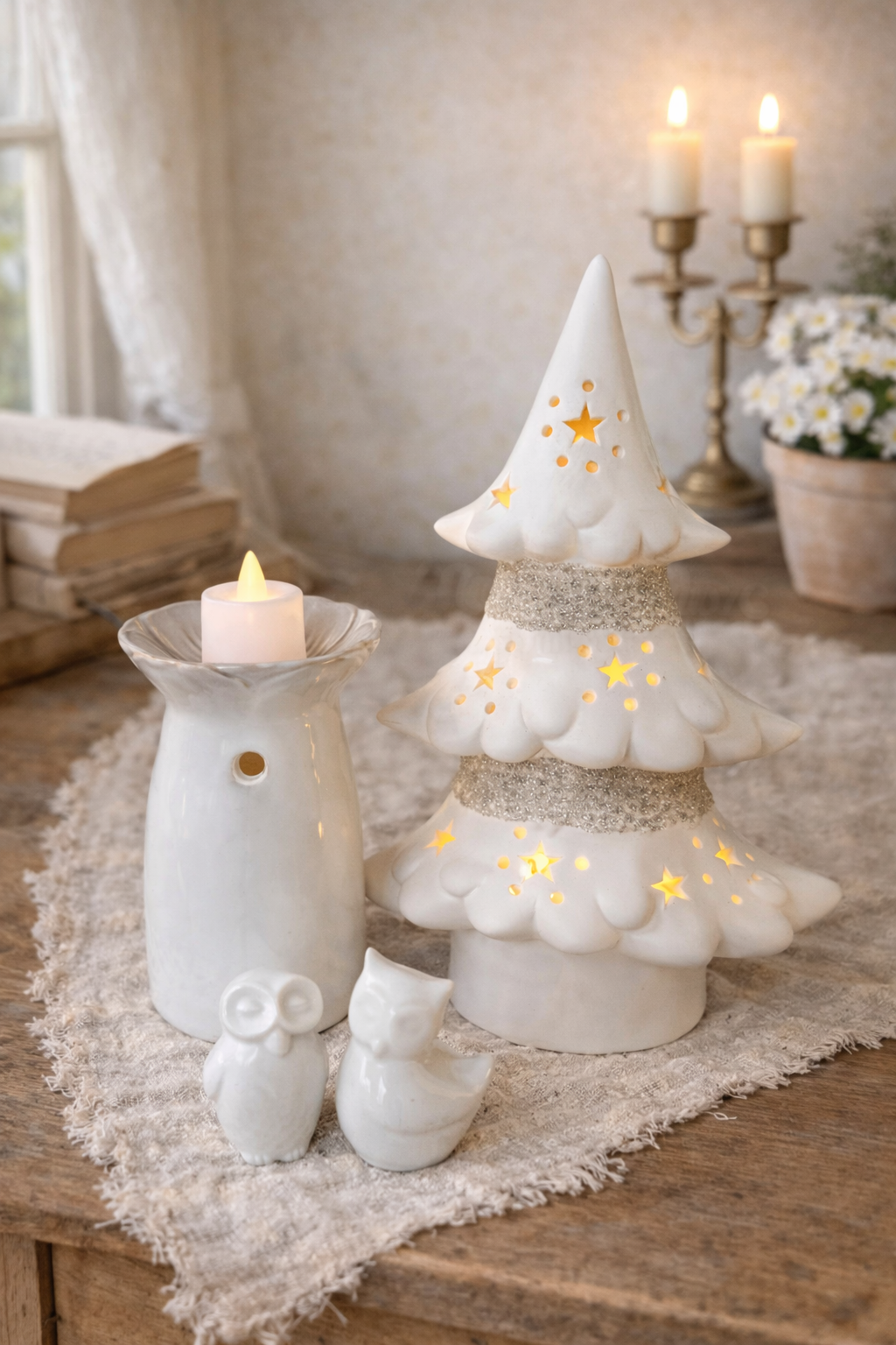 白瓷擺飾系列（聖誕樹燈/精油台/貓頭鷹組）