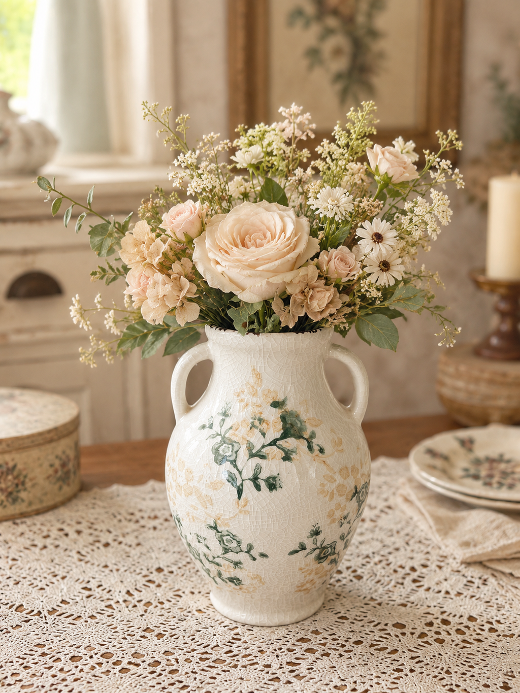 復古綠葉雙耳花瓶