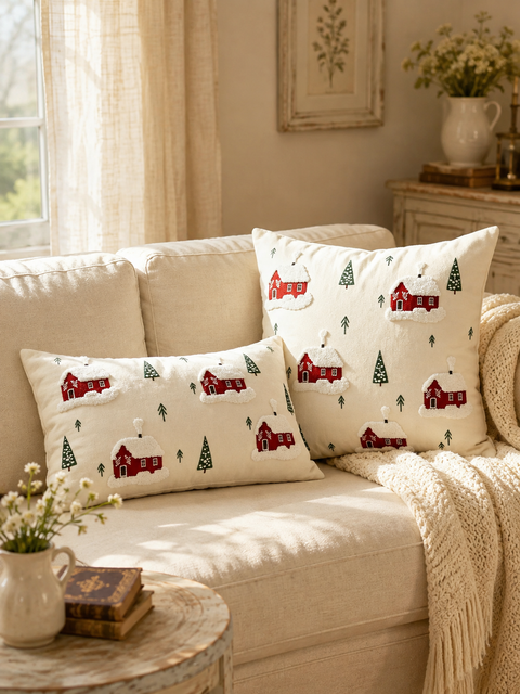 紅白小屋刺繡抱枕