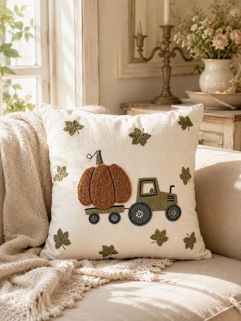 南瓜車車刺繡抱枕