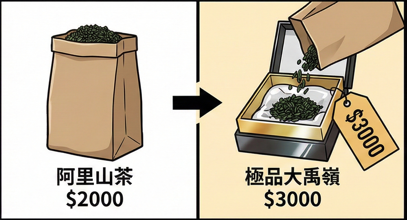 拿市價約 $2000 的優質阿里山茶，裝進市價 $3000 起跳的「大禹嶺/梨山」袋子裡