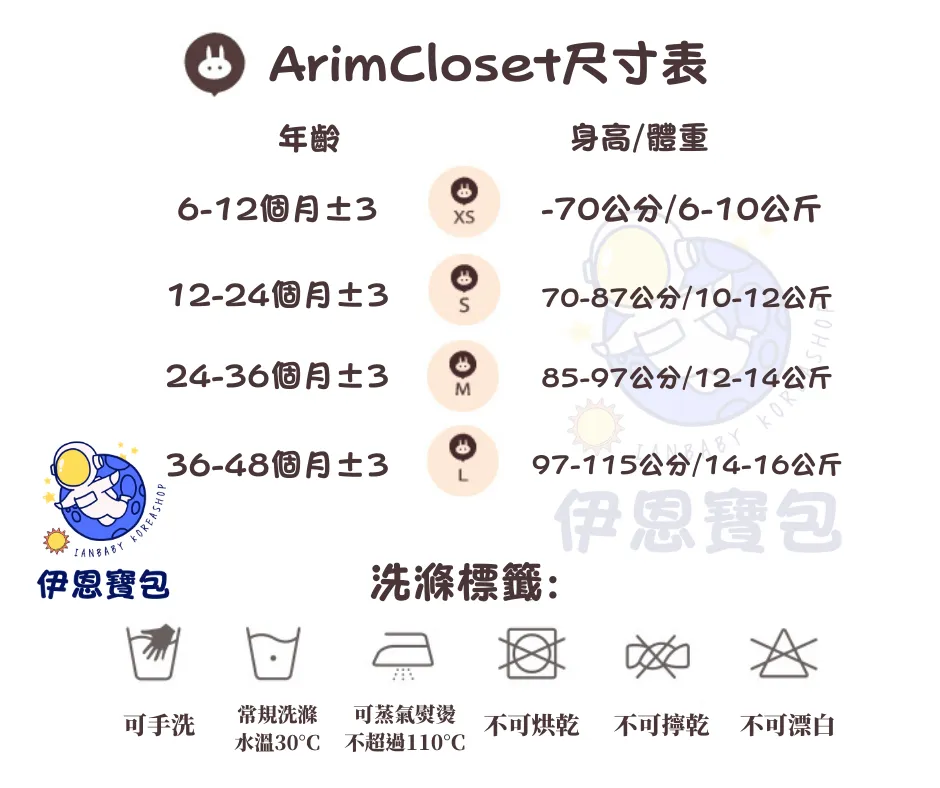 ArimCloset尺寸表