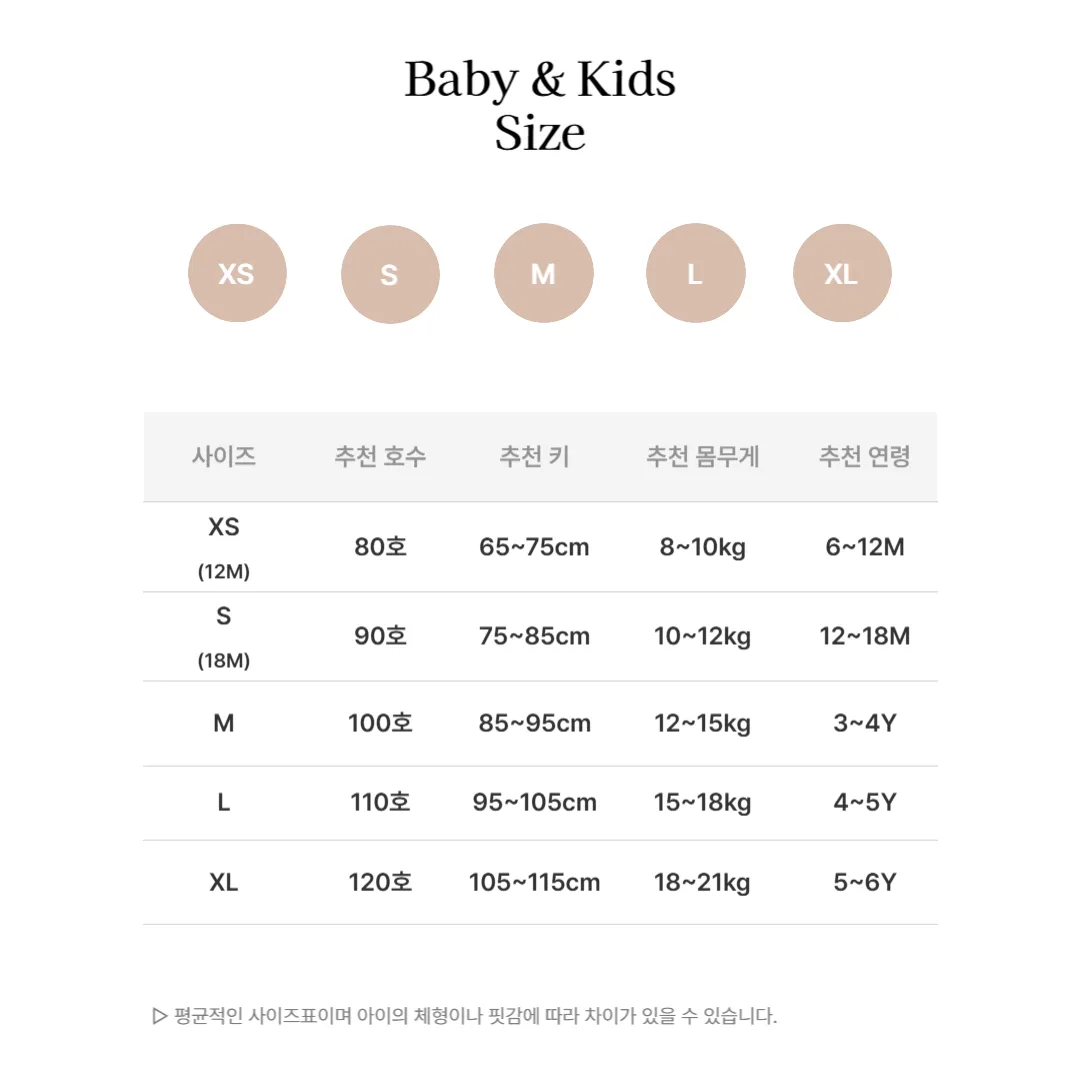 Baby & Kids 사이즈표(XS~XL)