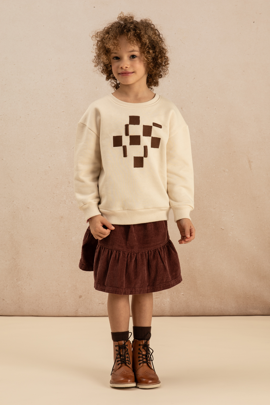 SWEATSHIRT BART ECRU CARRES BRODES + JUPE SAMBA CORDEROY PRUNE-1 