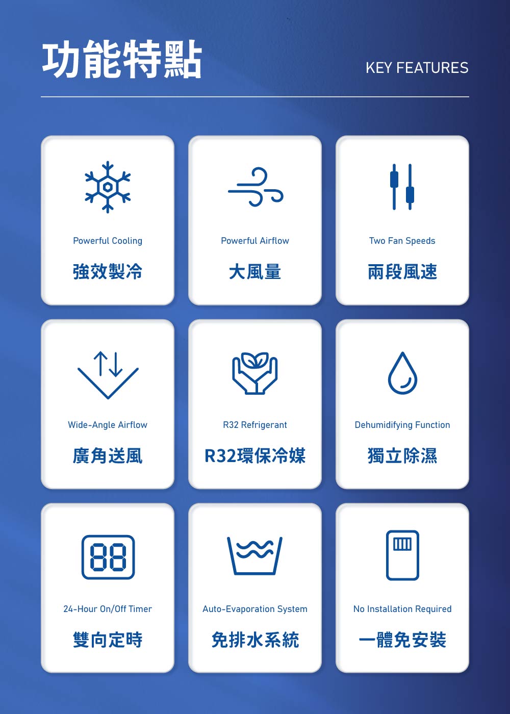 JPAC08 多功能移動式冷氣，具備冷房、除濕、送風、兩段風速切換、24H定時功能
