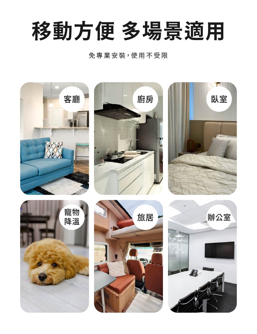 JJPRO 移動冷氣適合各種空間使用，像是客廳、廚房、臥室、辦公室與寵物降溫都能使用
