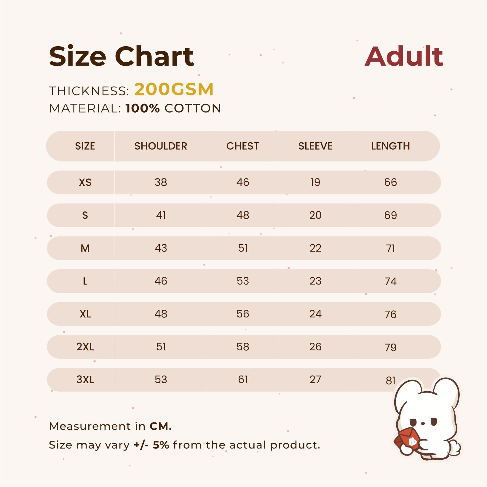 Size Chart (200g, Adult)