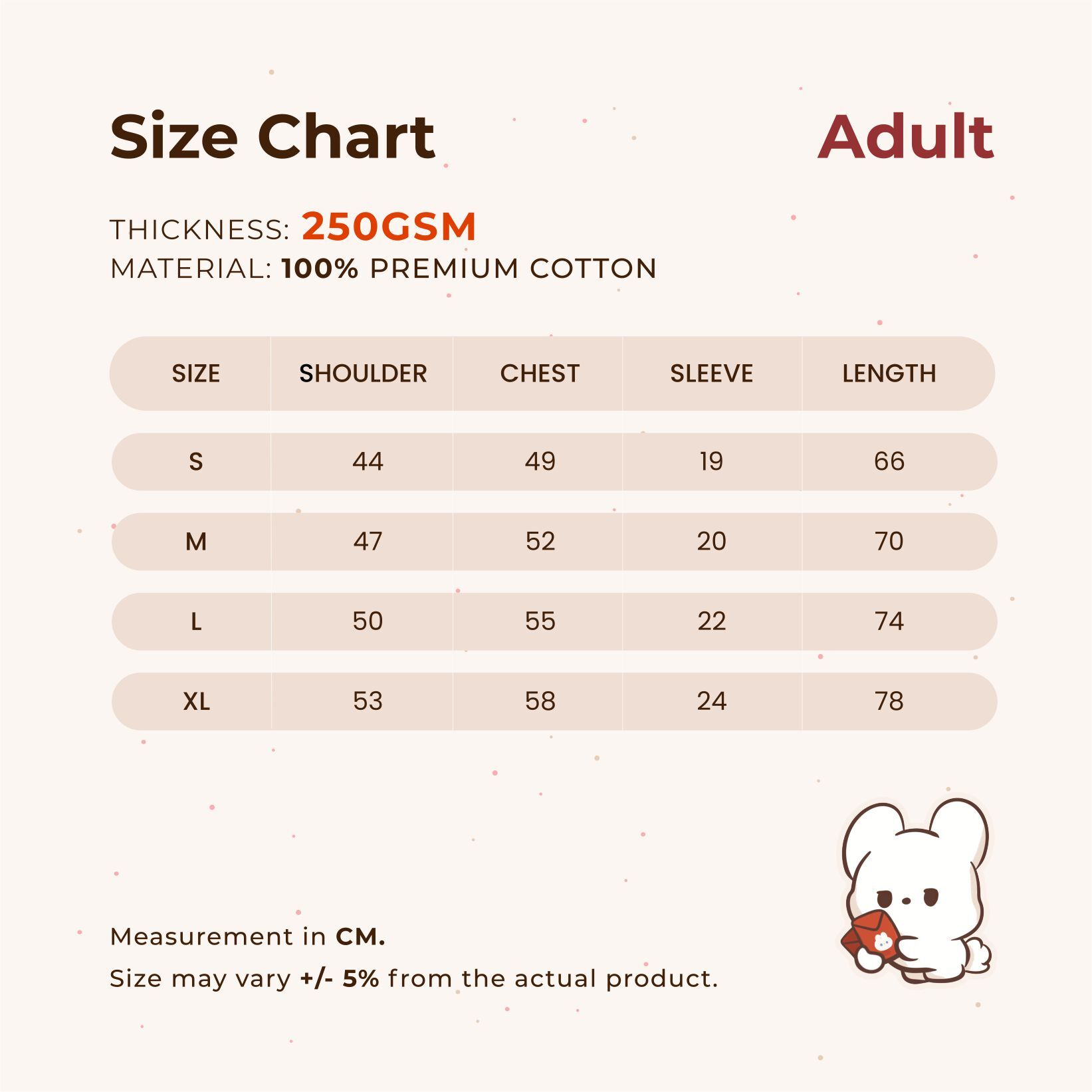 Size Chart (250g, Adult)