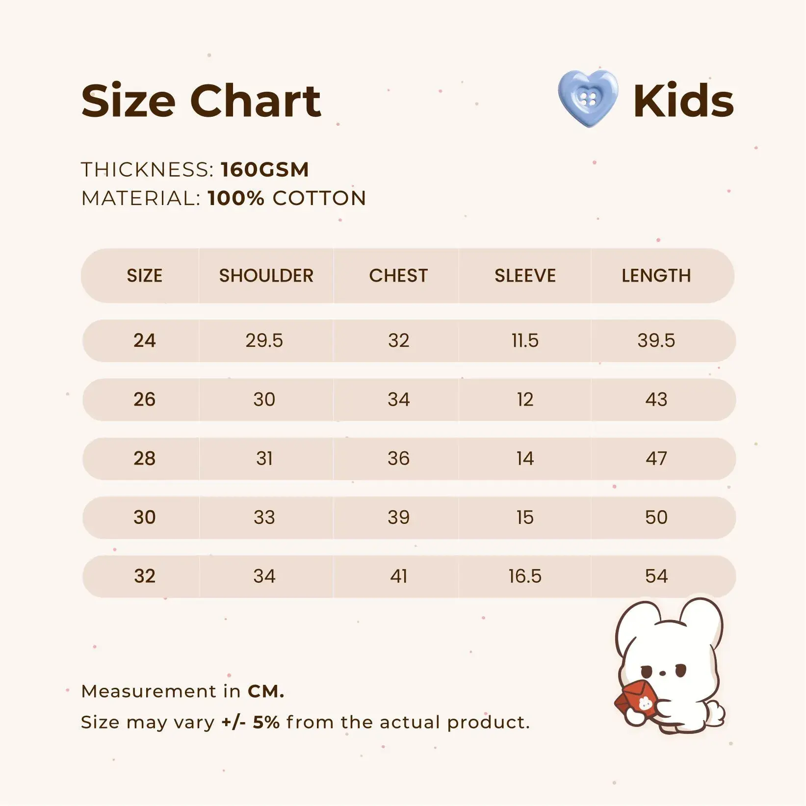 Size Chart (160g, Kids)
