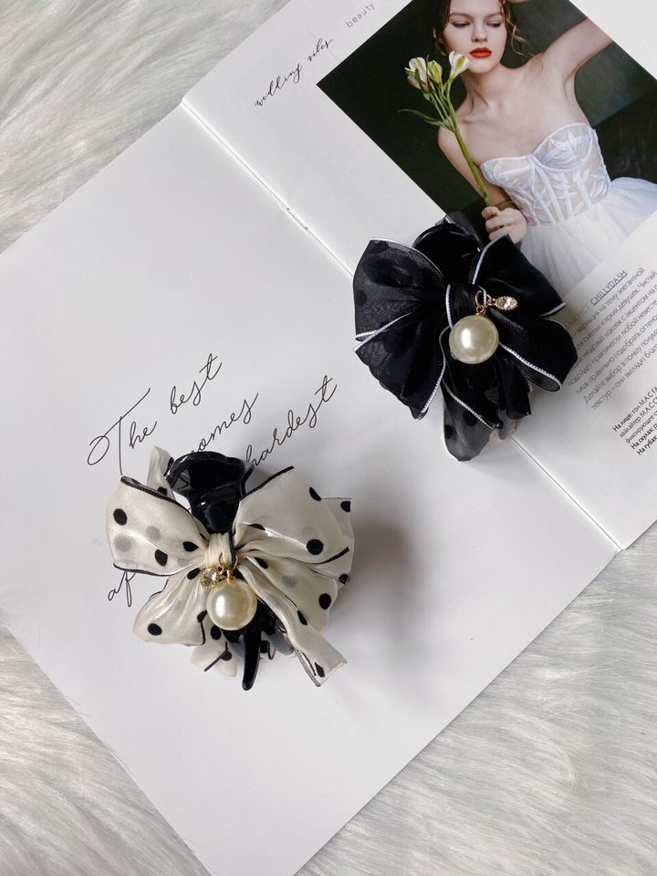 polka dot ribbon hair bun clip