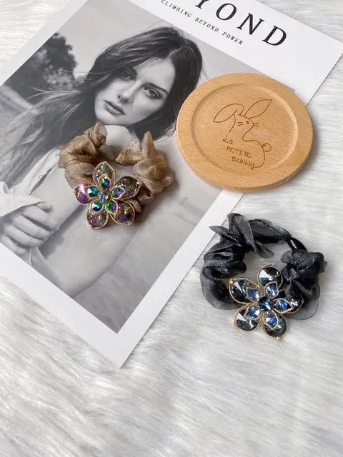 premium K9 crystal flower mesh scrunchy
