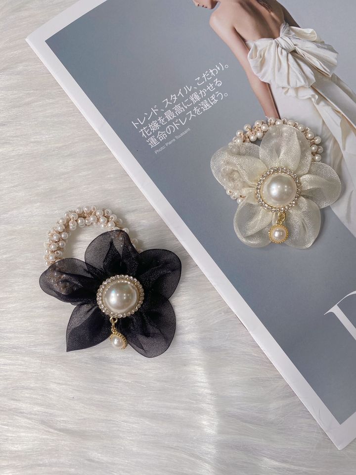 organza flower pearl hair tie