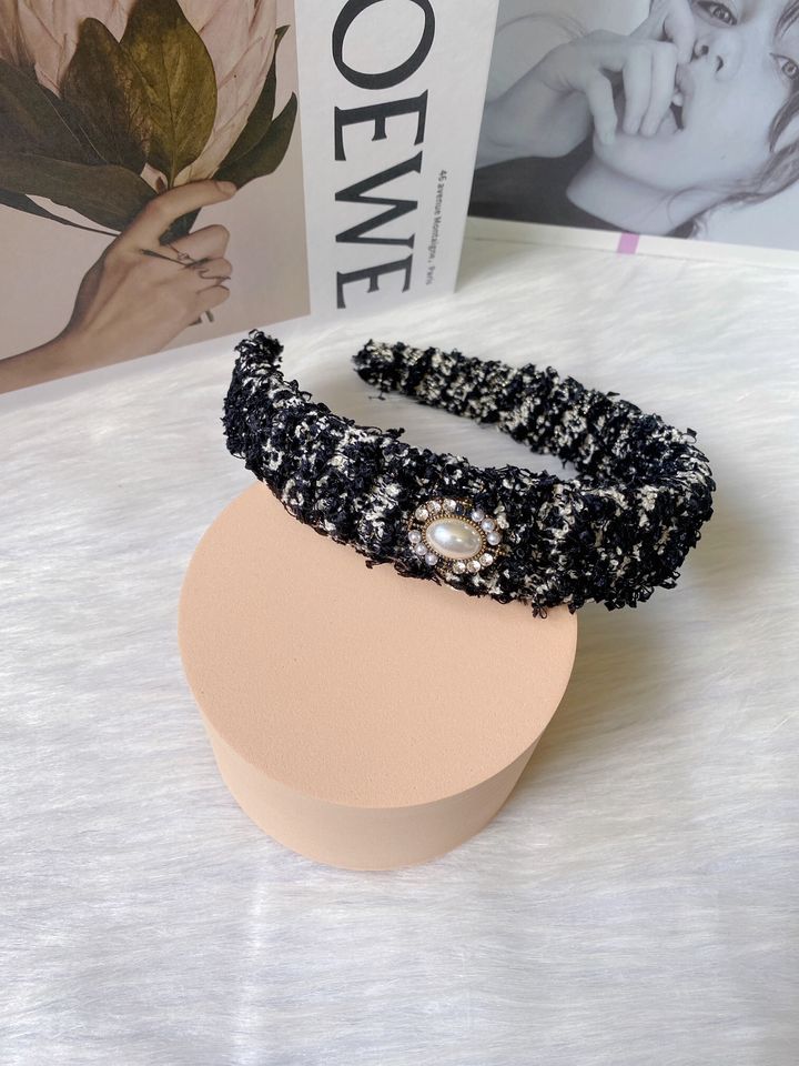 premium tweed headband with pearl and crystal