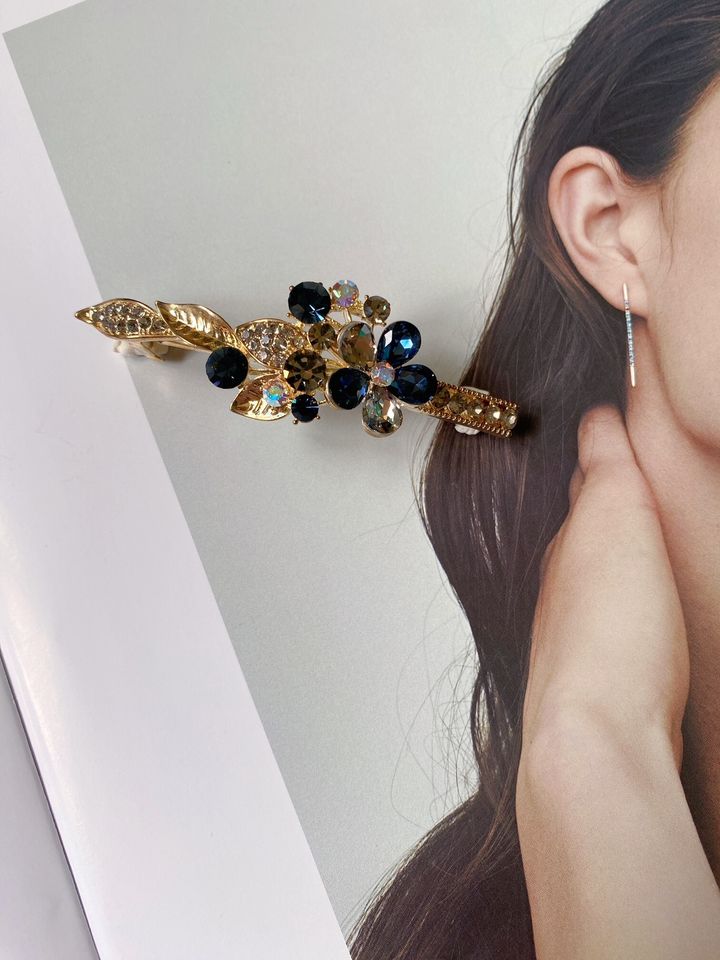 14K gold plated crystal flower spring clip (6cm)