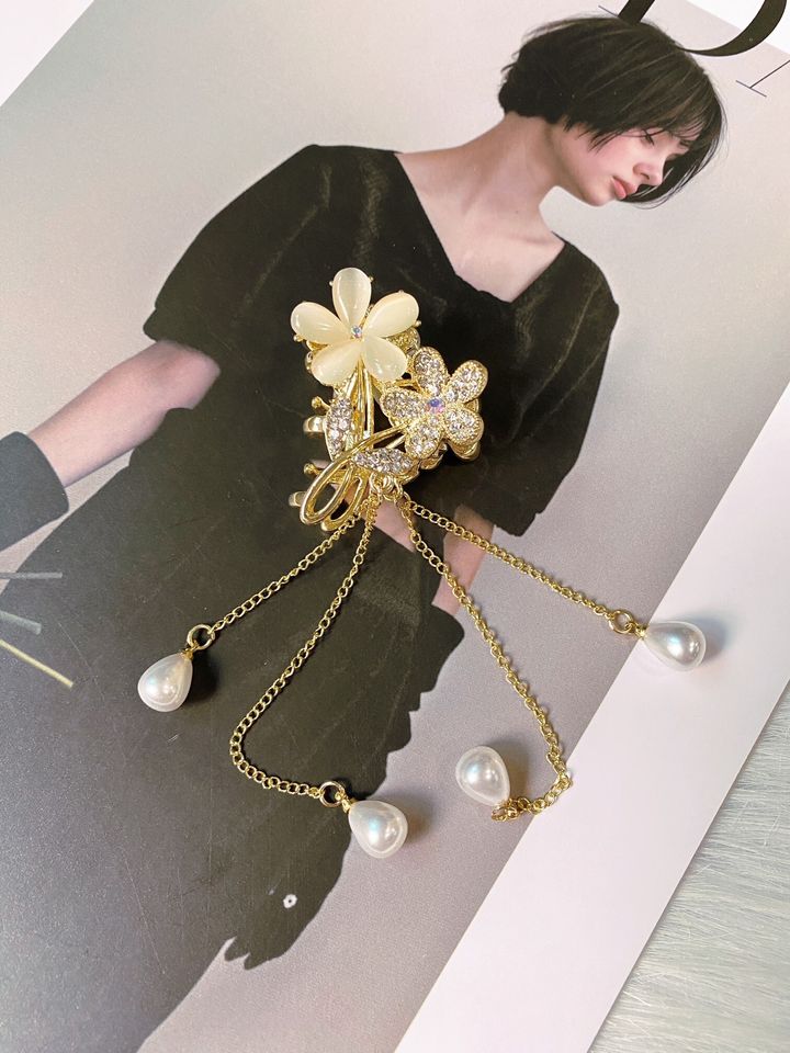 cat eye stone mix crystal flower claw clip (4.5cm)