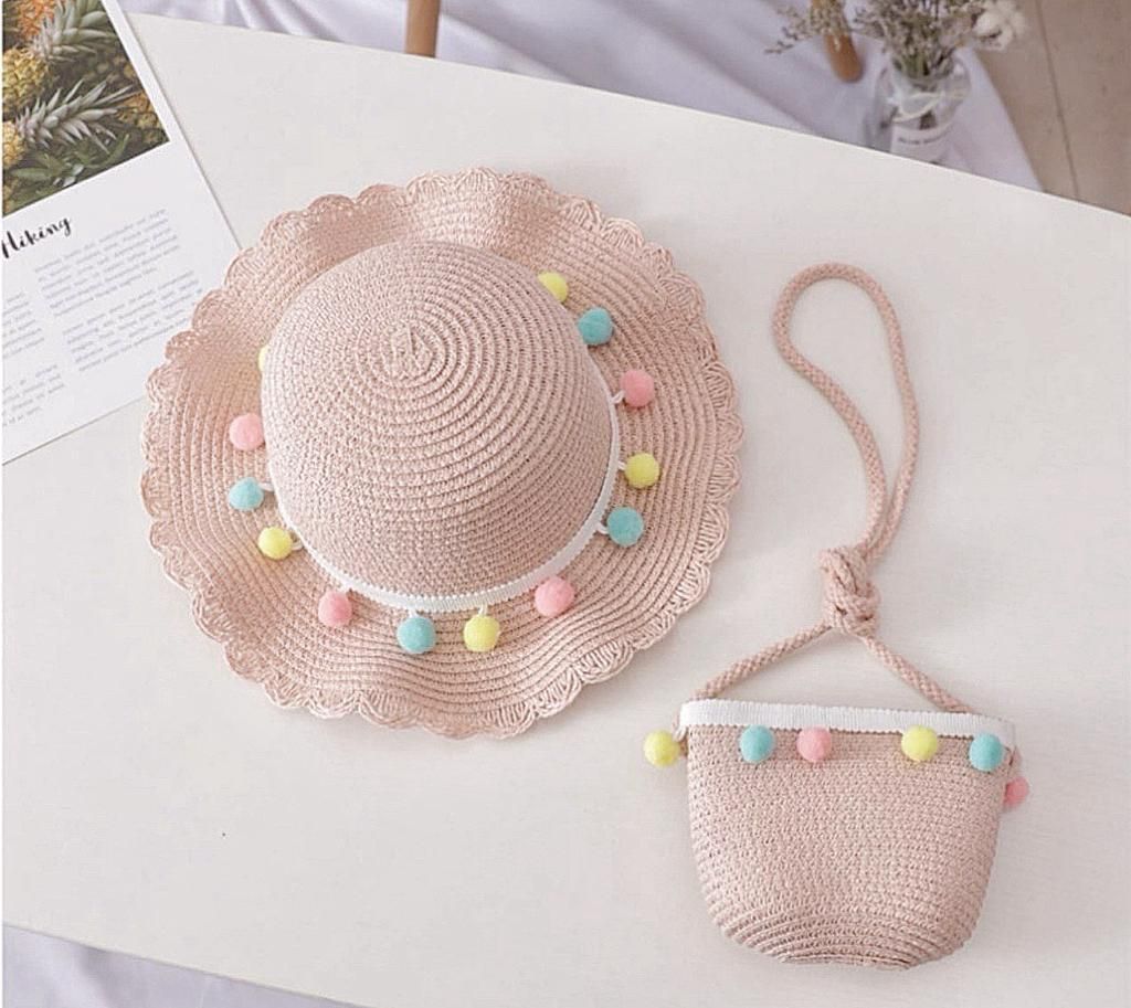 straw woven hat with matching crossbody bag (pink)
