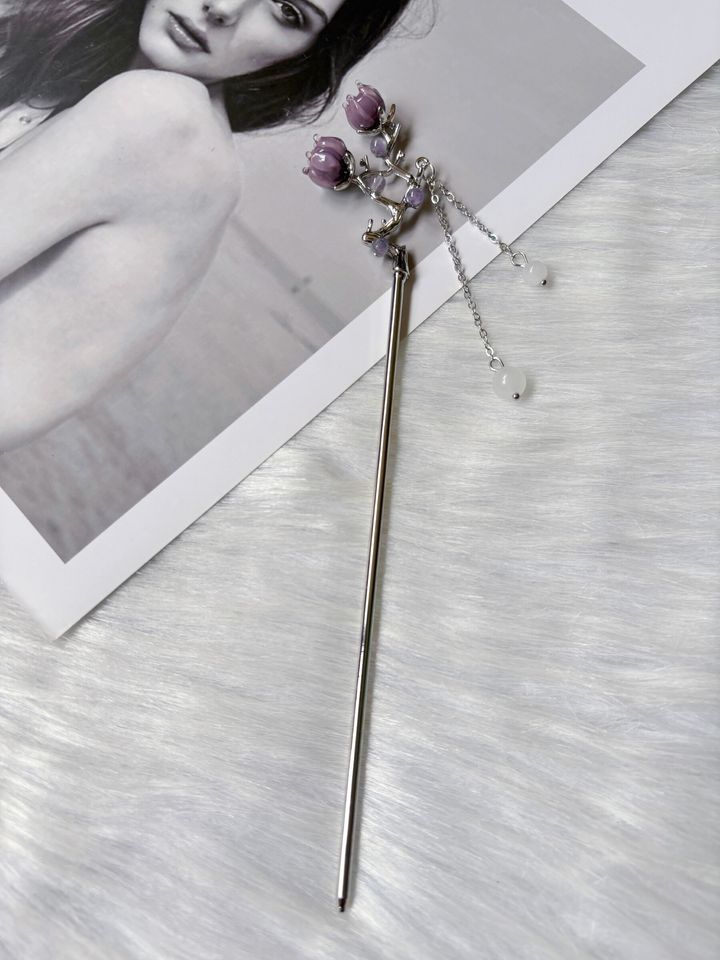 purple flower hair bun stick