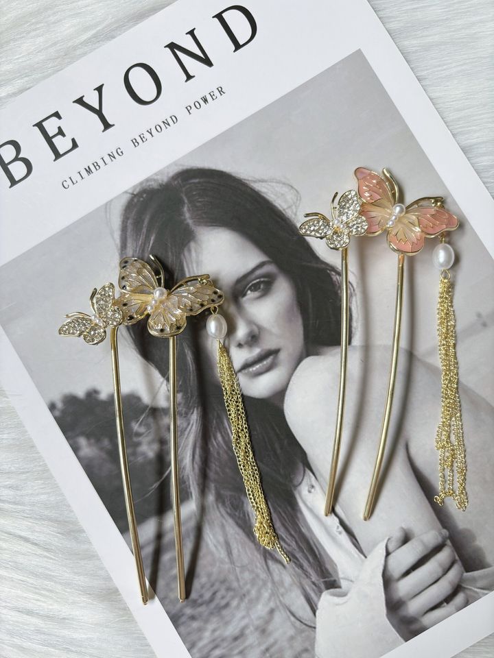 butterfly hair bun stick with dangling chain