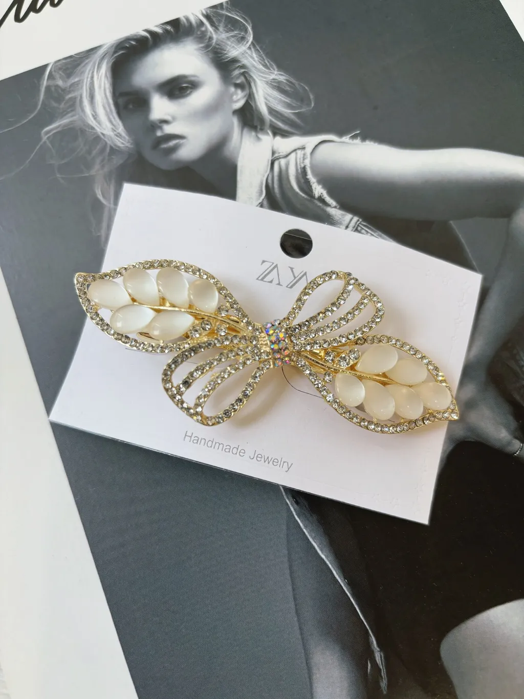 cat eye stone mix crystal spring clip (6cm)