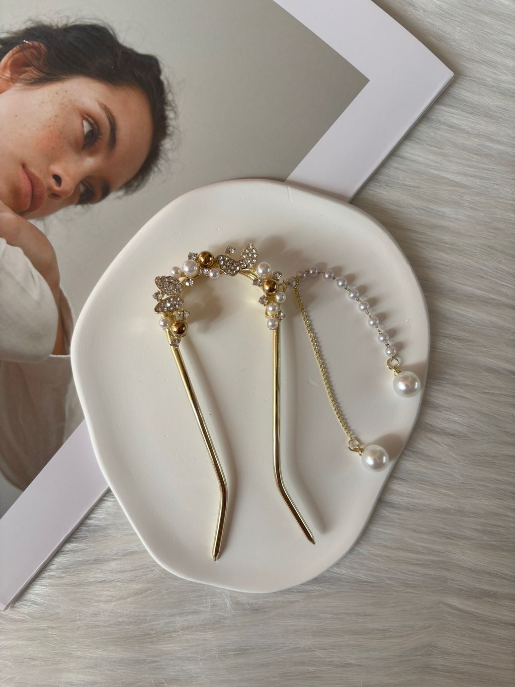 pearl beads mix crystal butterfly hair bun stick