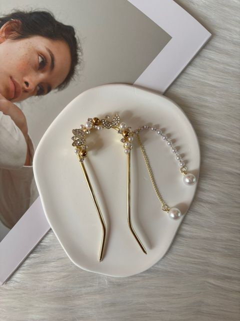 pearl beads mix crystal butterfly hair bun stick