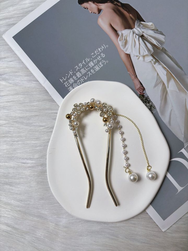 pearl beads mix crystal flower hair bun stick