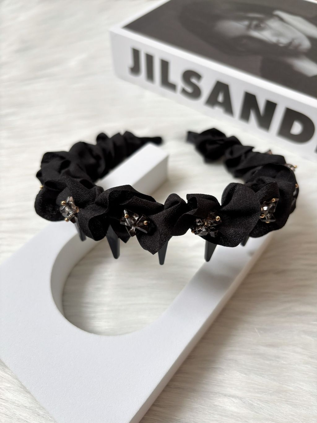 ruffle trim headband with crystal