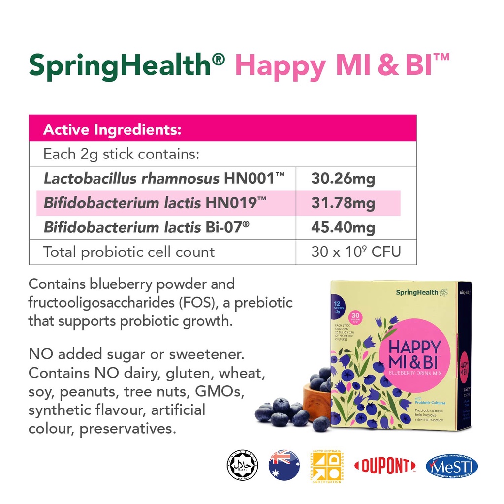 🌟 2 for RM158 🌟 SpringHealth Happy MI & BI™ Blueberry Drink Mix with 30  Billion CFU Probiotics - 12's – Wellcome Pharmacy