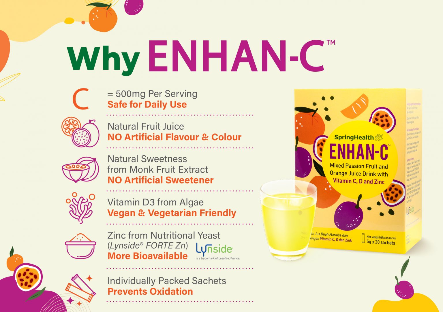 SpringHealth ENHAN-C™ Mixed Passion Fruit and Orange Juice Drink with Vitamin C, D and Zinc - 20's - Wellcome Pharmacy